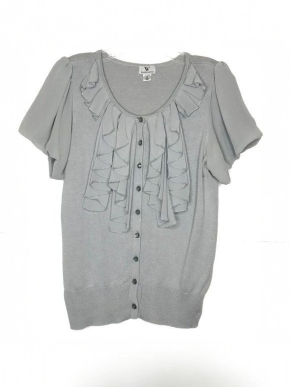 Worthington Cardigan Gray Poet Ruffles Short Sleeve Button Front Size S